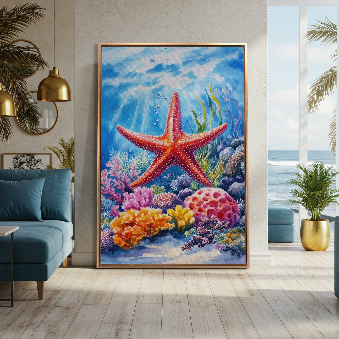 Framed Wall Art featuring a vibrant watercolor starfish and coral reef scene. Coastal decor in a blue, red, and pink color palette, perfect for a beachy vibe.