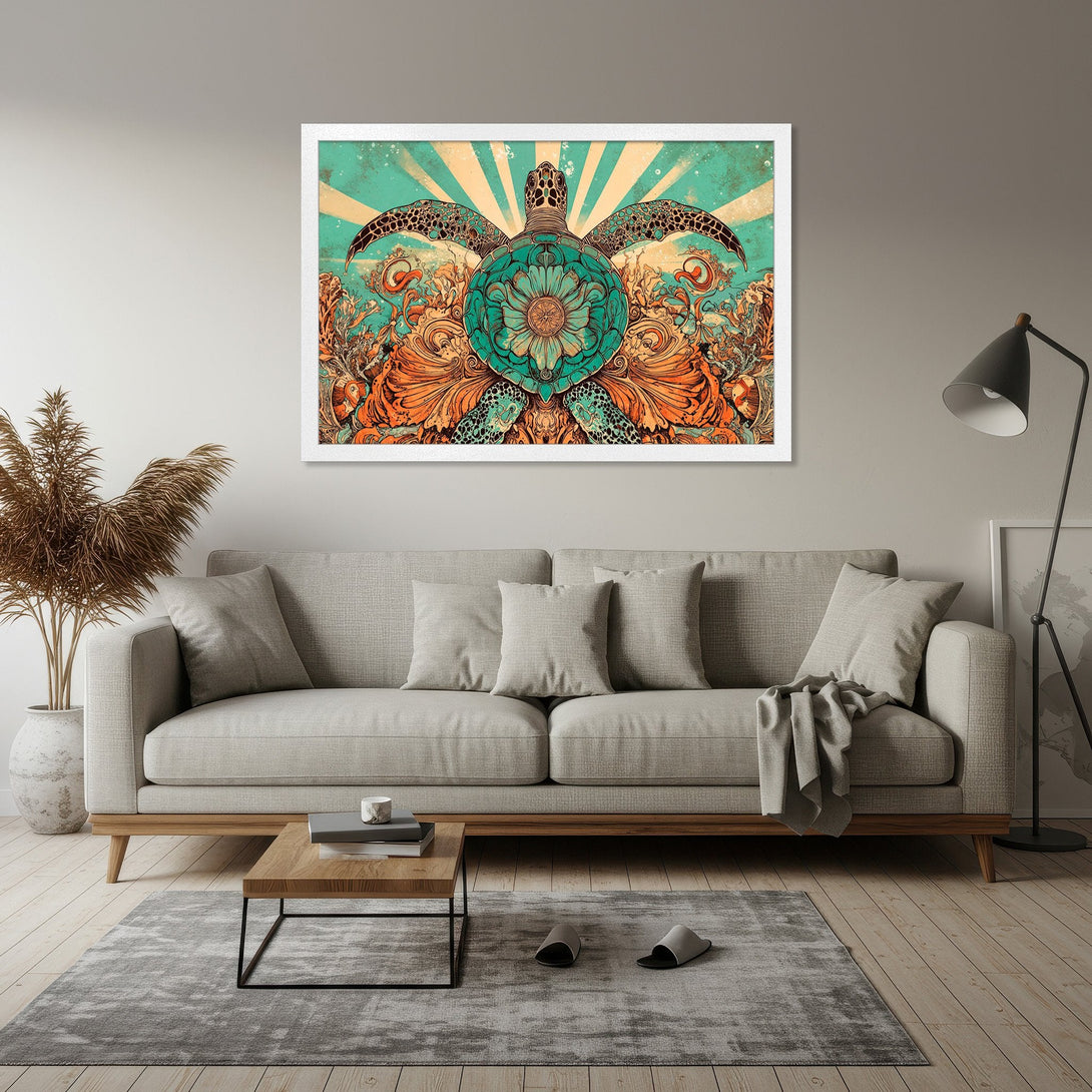 Framed Poster featuring a vibrant sea turtle illustration in teal and orange, perfect for coastal decor.