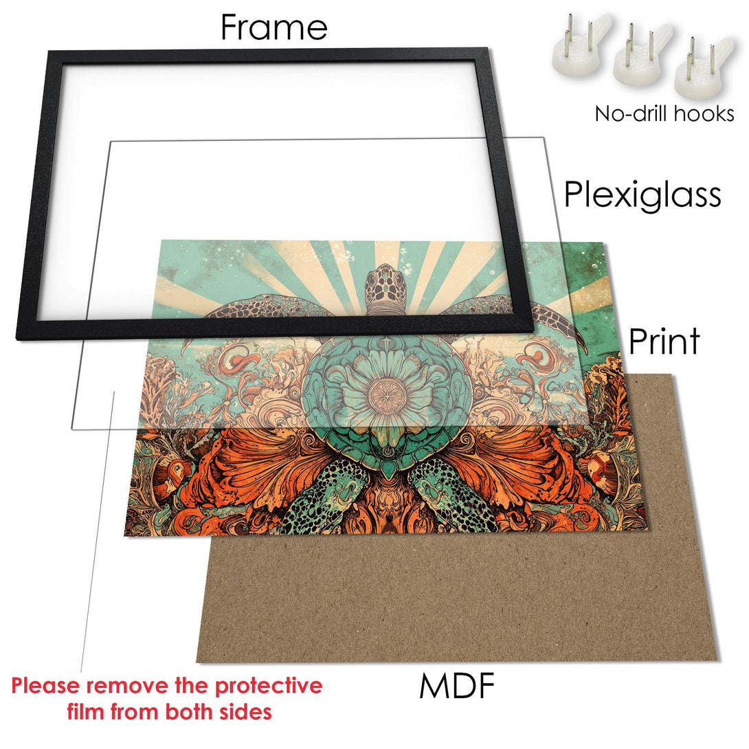 Framed Poster featuring a turtle design in a vintage style with teal and orange hues. Perfect wall art for your home!