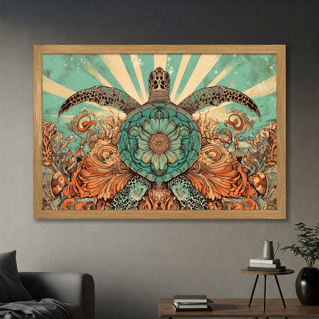 Framed Poster featuring a detailed sea turtle illustration in teal, orange, and beige, perfect for coastal decor.