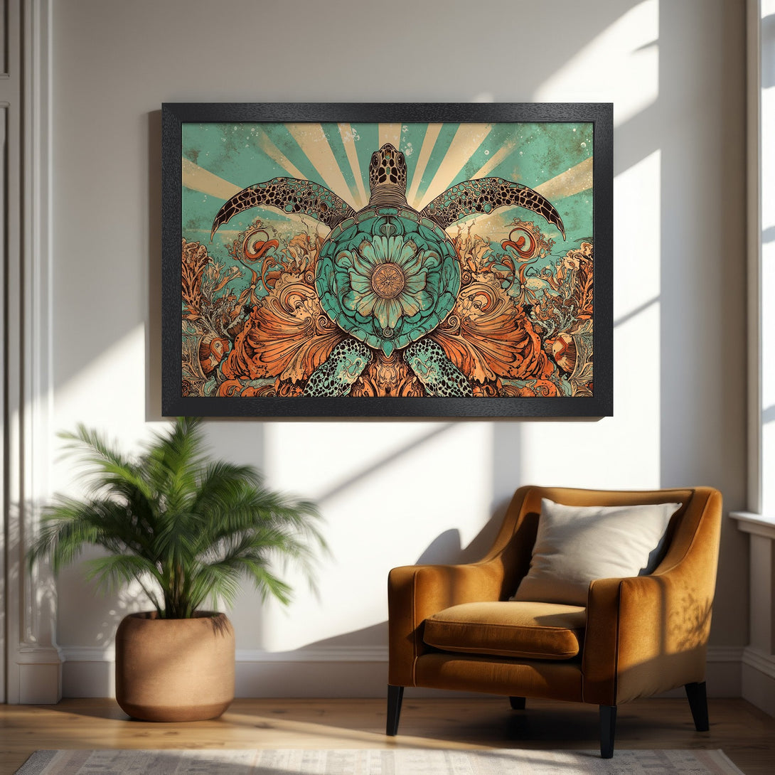 Framed Poster featuring a detailed sea turtle illustration in teal and orange, vintage style. Perfect wall art for your home!