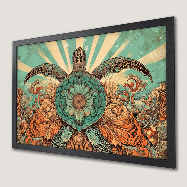 Framed Poster featuring a vibrant sea turtle illustration in teal and orange, vintage style, perfect for coastal decor.