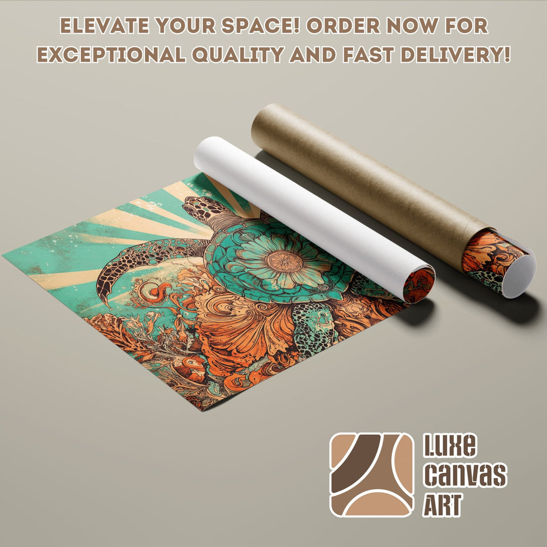 Poster Roll featuring a sea turtle design in teal and orange, perfect for wall decor.