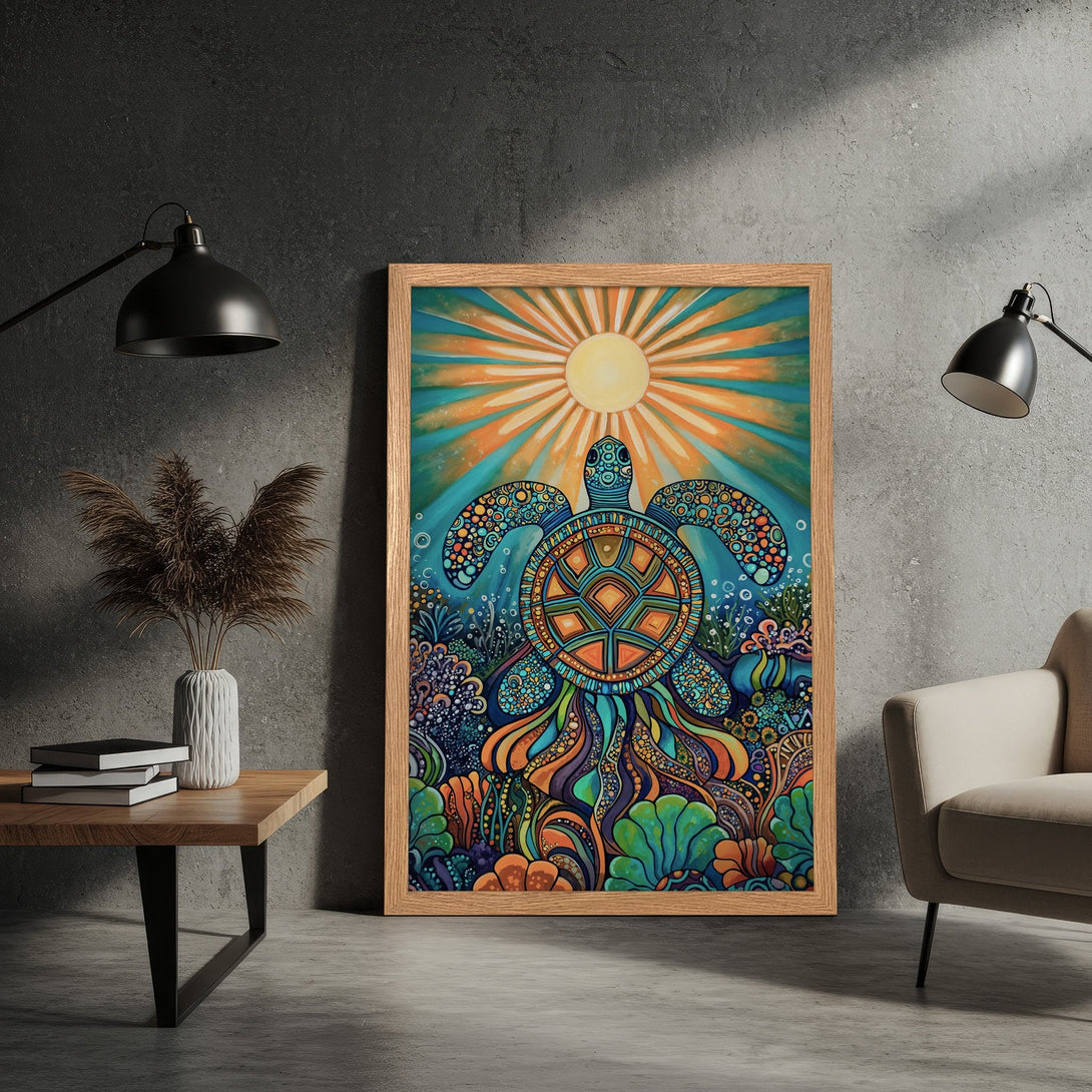 Framed Poster featuring a vibrant turtle artwork in a colorful, psychedelic style with an orange, blue, and green palette.