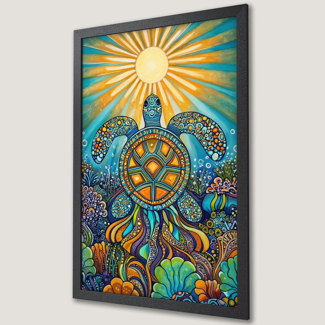 Framed Poster featuring a vibrant sea turtle in a colorful, whimsical style with a blue, orange, and yellow palette. Perfect wall art!
