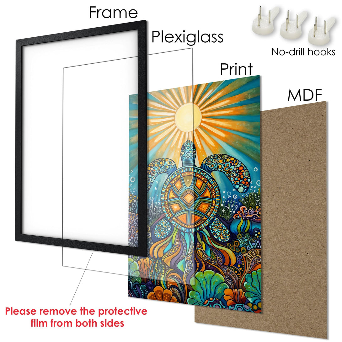 Framed Poster featuring a colorful sea turtle art print in a vibrant blue, orange, and teal palette. Ready to hang!
