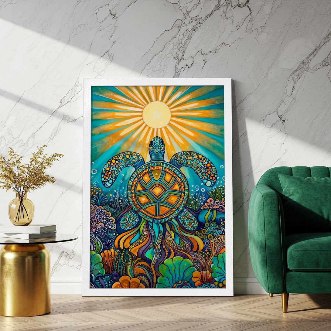 Framed Poster featuring a vibrant sea turtle illustration in a colorful, psychedelic style. Bright blues, oranges, and greens create a tropical vibe.
