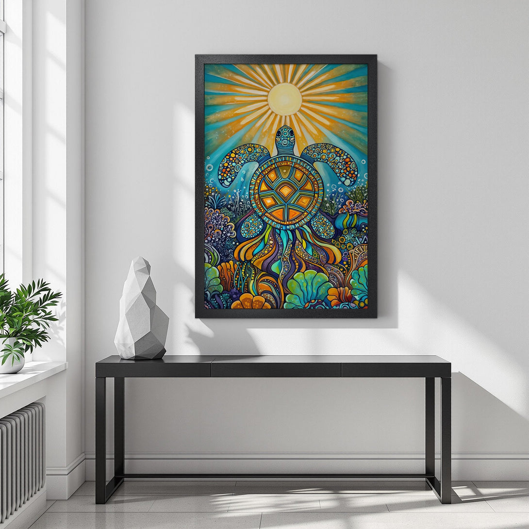 Framed Poster featuring a colorful sea turtle illustration. Vibrant blues, oranges, and greens create a stunning artwork. Perfect wall decor!