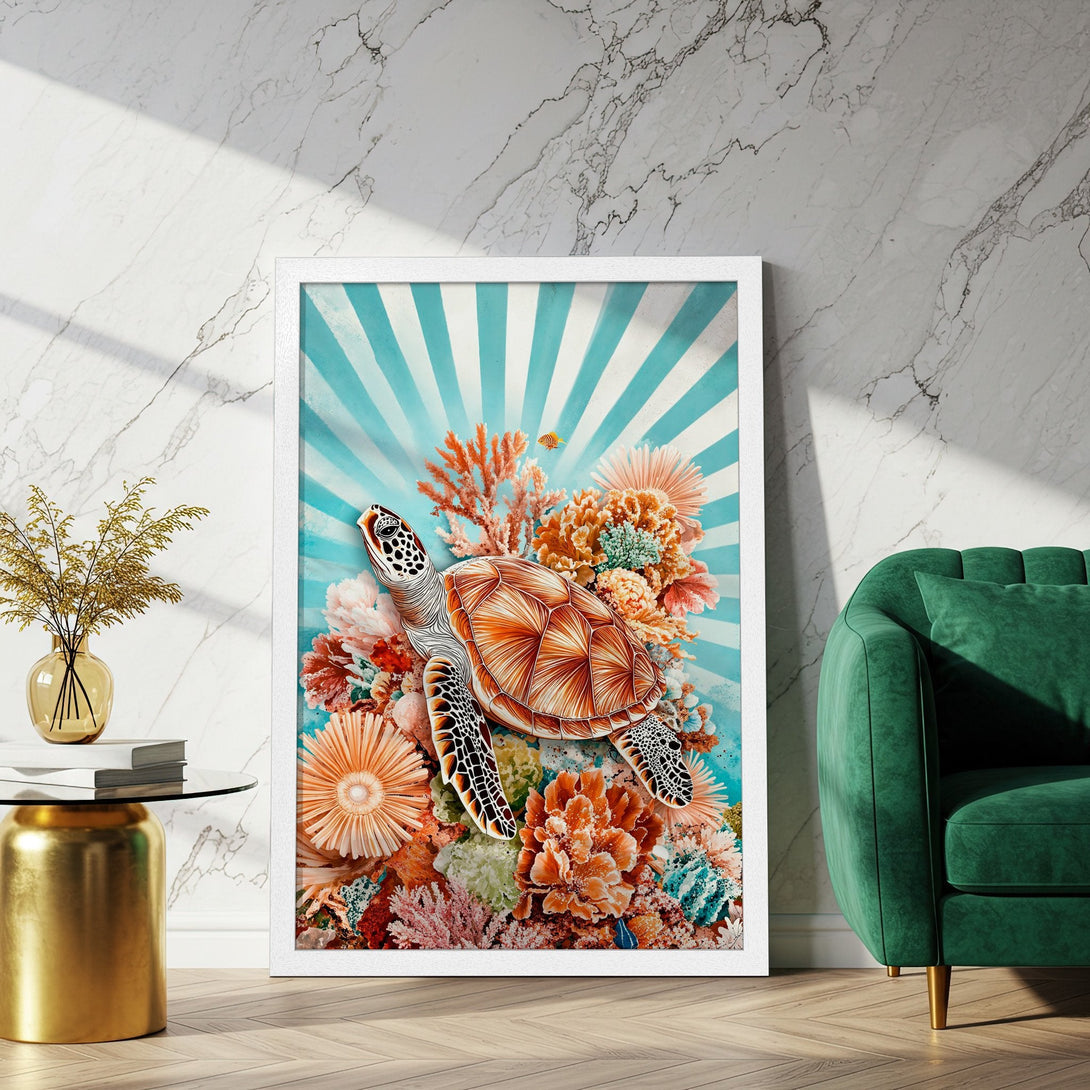 Framed Poster featuring a sea turtle & coral reef. Vibrant colors, artistic style, perfect for coastal decor.