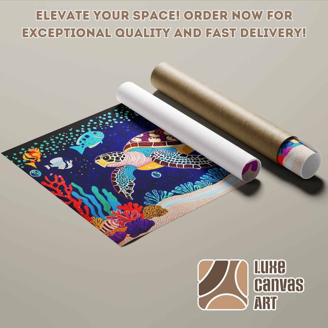 Poster Roll featuring vibrant sea turtle art, colorful palette, perfect for coastal decor.