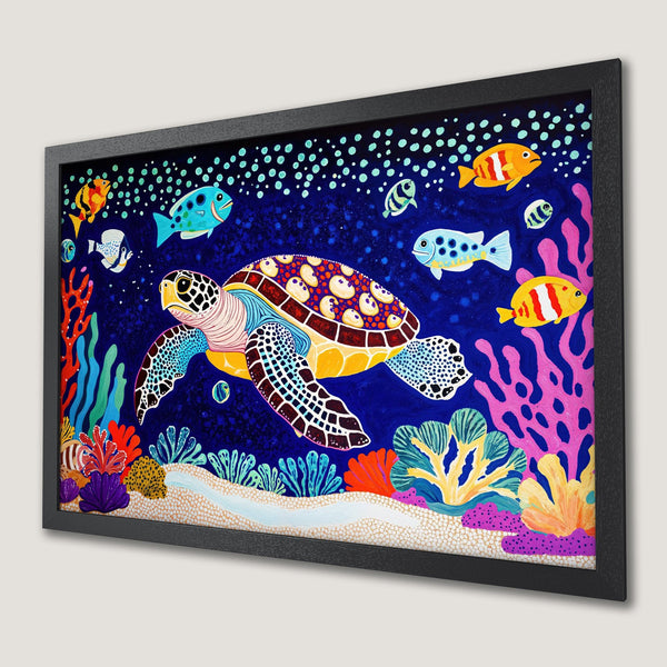 Framed Poster featuring a vibrant, whimsical sea turtle and fish in a colorful, underwater scene. A beautiful addition to any home!