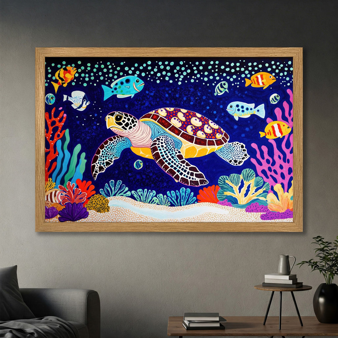 Framed Poster featuring a colorful sea turtle, vibrant underwater scene, and bold, playful style. Blue, yellow, and coral hues.