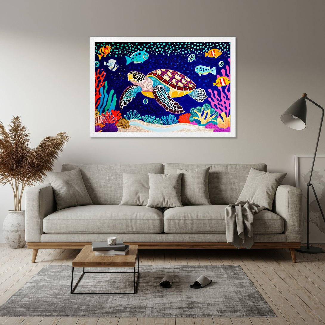Framed Poster featuring a vibrant sea turtle illustration in a colorful, whimsical style with a blue and coral palette.