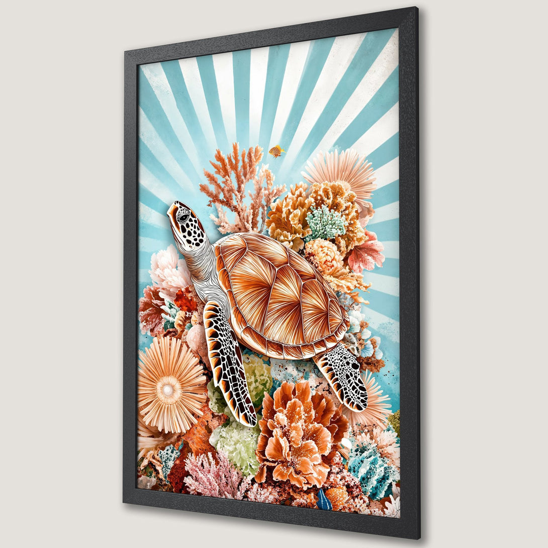 Framed Poster featuring a sea turtle & coral reef in a vibrant, watercolor style with a warm, ocean-inspired color palette. Perfect wall art!