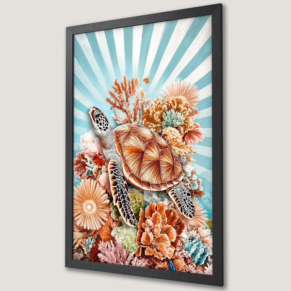 Framed Poster featuring a sea turtle & coral reef in a vibrant, watercolor style with a warm, ocean-inspired color palette. Perfect wall art!