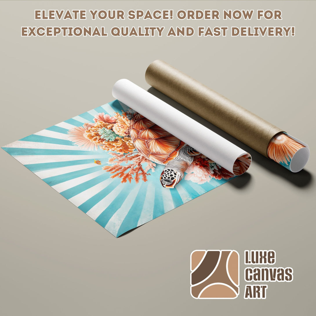 Poster Roll featuring a turtle and coral art, in a vintage style with a blue, orange, and brown color palette.