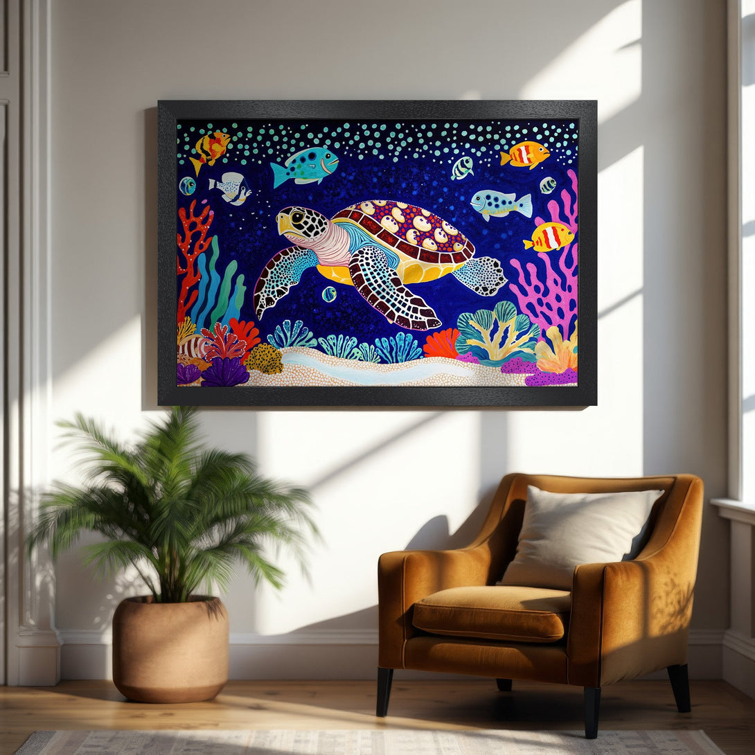 Framed Poster featuring a colorful sea turtle and fish in a vibrant underwater scene. Bright blue, yellow, and coral palette.