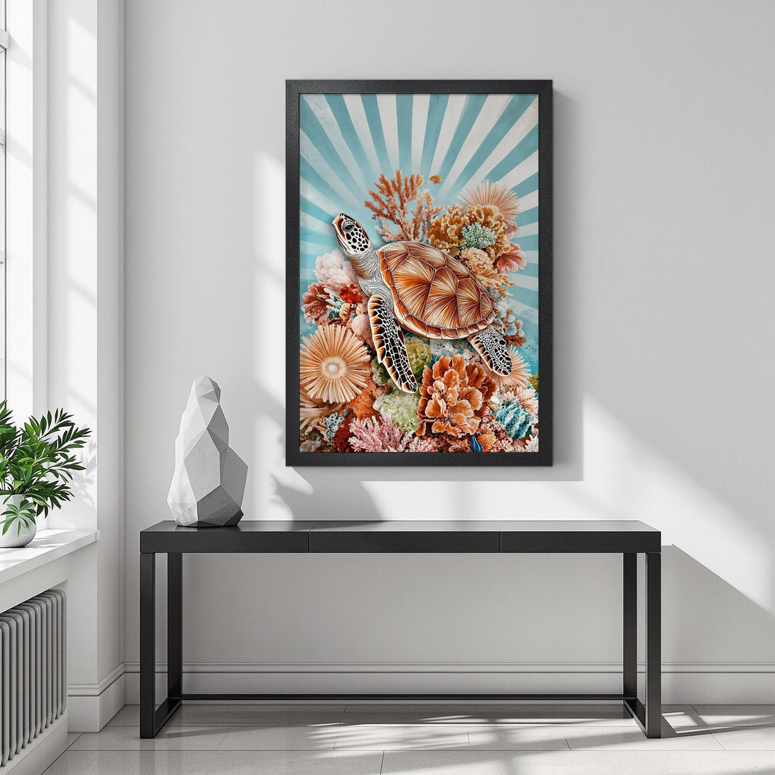 Framed Poster featuring a sea turtle and coral reef art. Coastal style with a warm, vibrant color palette. Perfect wall decor!