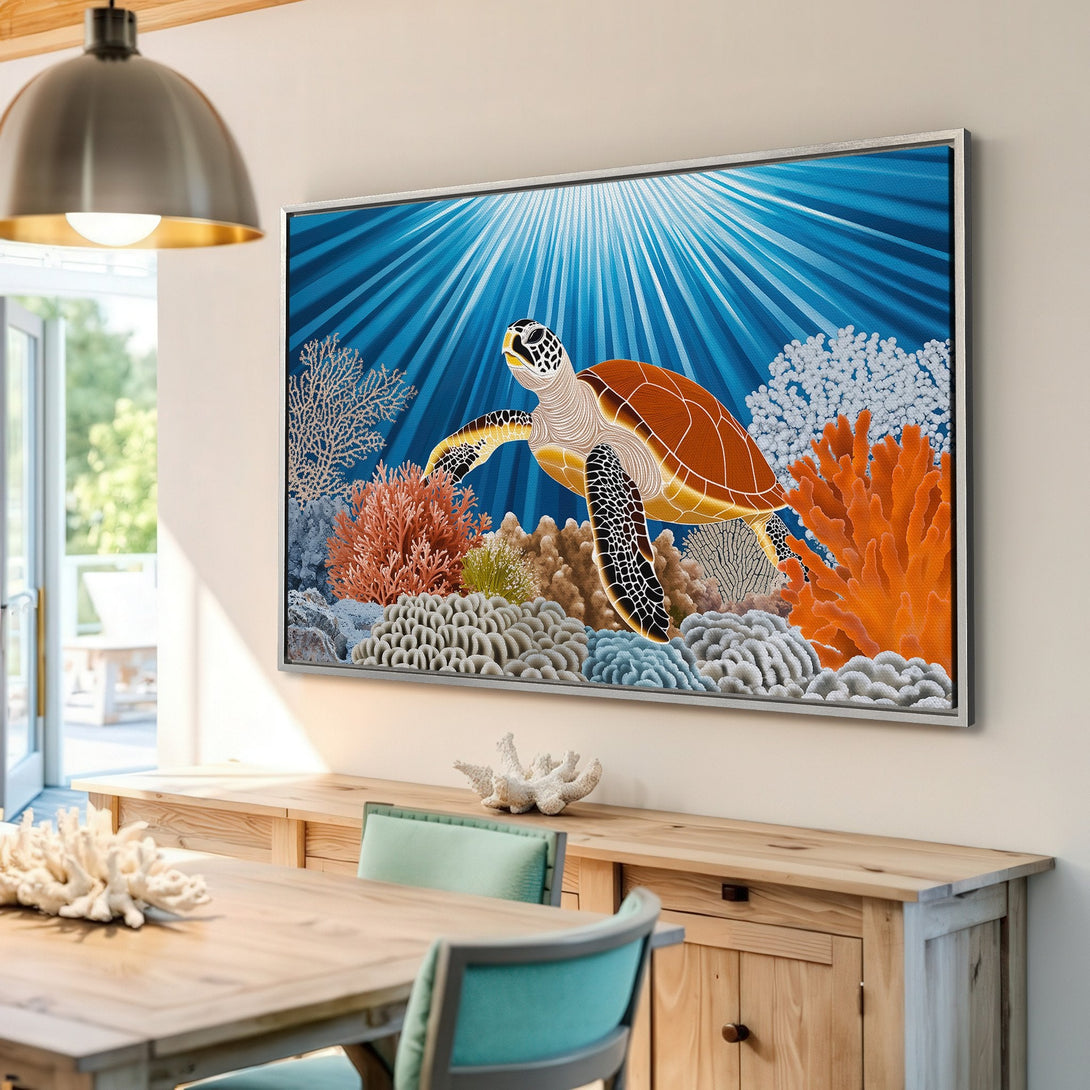 Framed Wall Art featuring a vibrant sea turtle in a coral reef scene. Blue, orange, and beige color palette. Perfect for coastal decor!