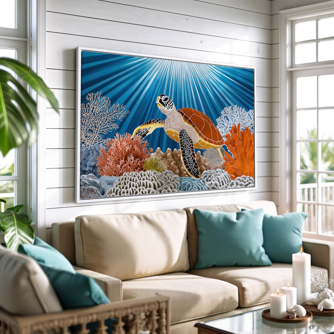 Framed Wall Art featuring a vibrant sea turtle swimming amongst coral. Coastal style with a blue, orange, and white color palette. Perfect for beach house decor.