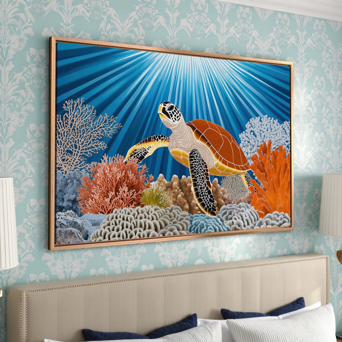 Framed Wall Art featuring a vibrant sea turtle swimming in a coral reef scene. Blue, orange, and beige color palette. Perfect for coastal decor!