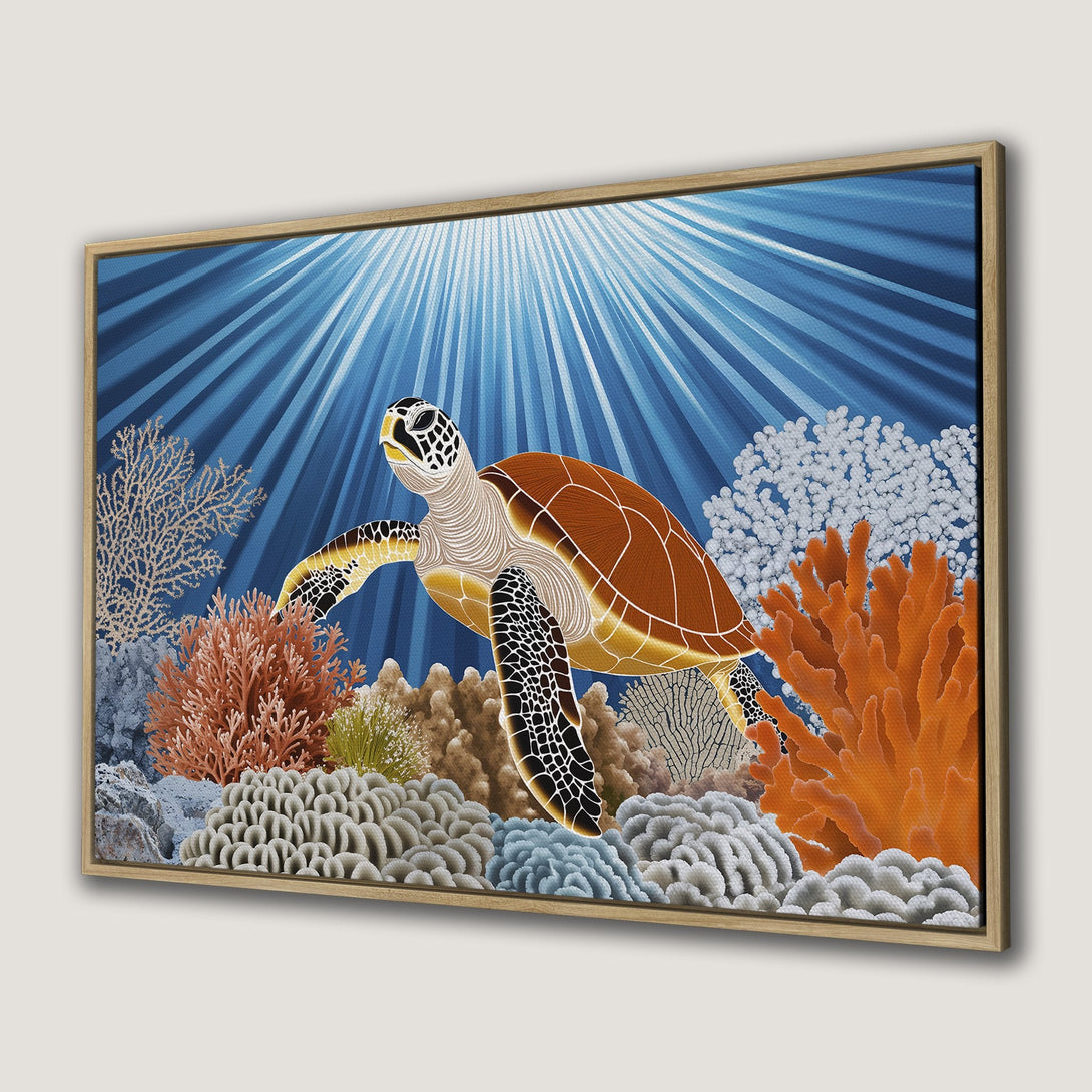 Framed Wall Art: Sea turtle canvas print with vibrant colors. Features an underwater scene with a turtle, coral, and blue hues. Perfect ocean decor!