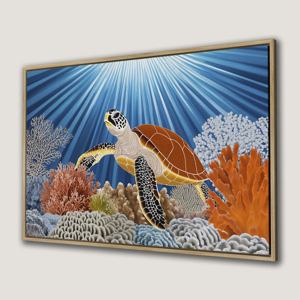 Framed Wall Art: Sea turtle canvas print with vibrant colors. Features an underwater scene with a turtle, coral, and blue hues. Perfect ocean decor!