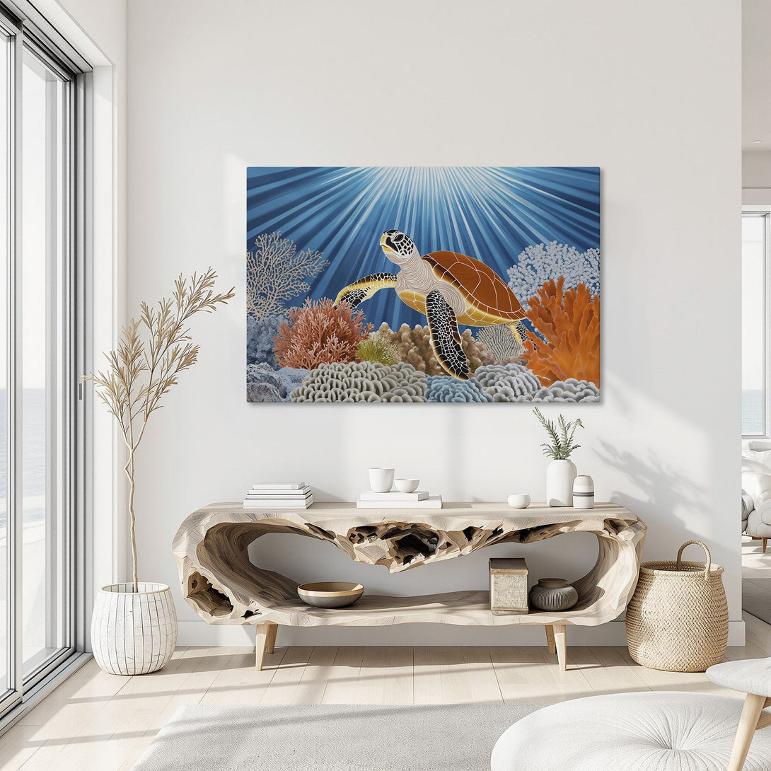 Framed Wall Art featuring a sea turtle in vibrant blues and oranges. Coastal style canvas print adds a touch of nature to any space.