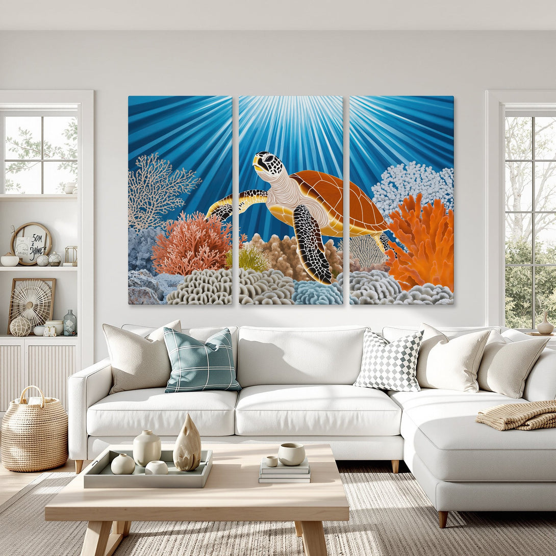 Canvas Print of a sea turtle swimming in a vibrant coral reef. Blue, orange, and beige color palette. Coastal wall art for your home.