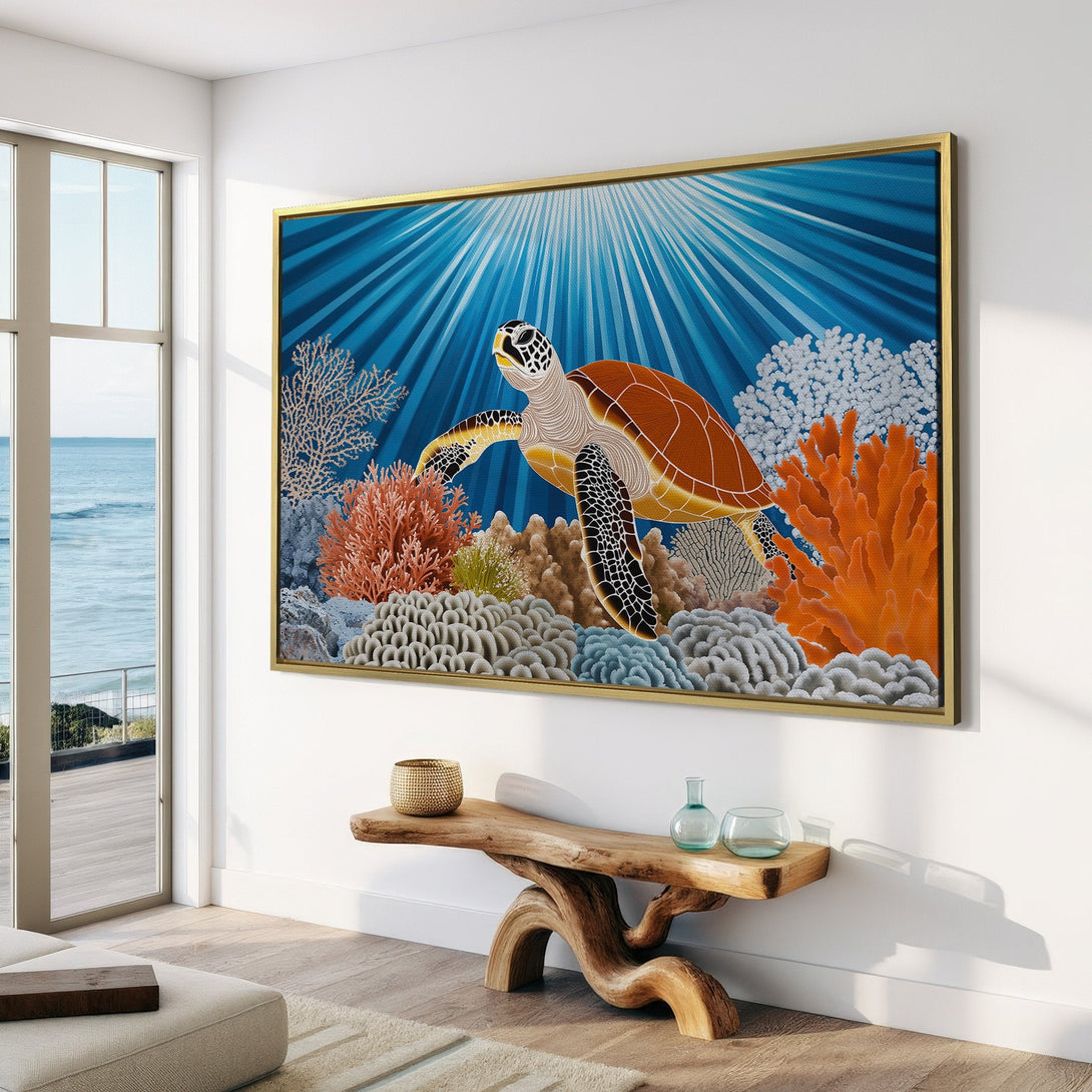 Canvas print featuring a sea turtle in a vibrant underwater scene. Coastal-inspired art with blue, orange, and brown tones. Perfect for beach house decor.