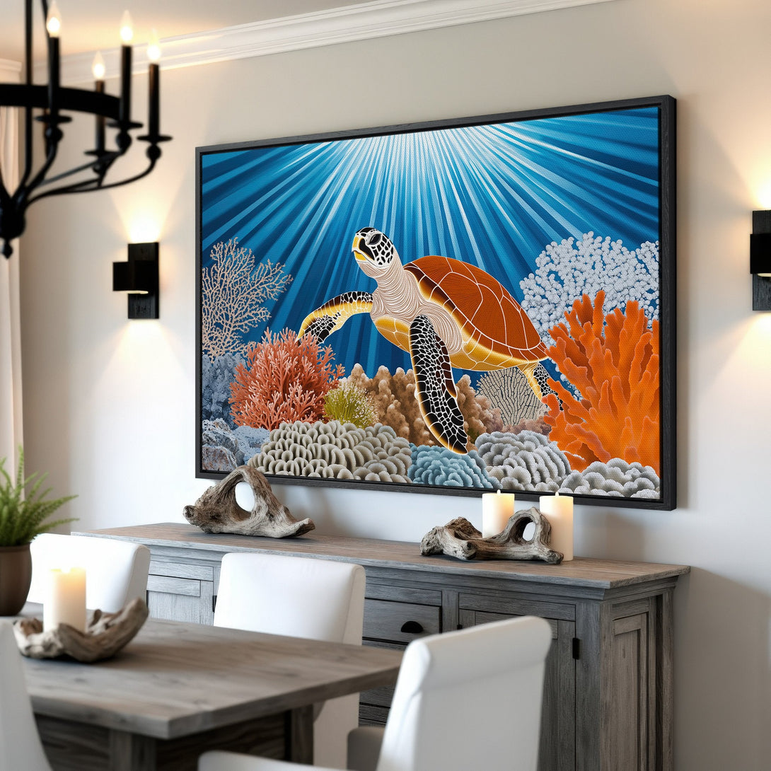 Framed Wall Art: Stunning sea turtle canvas print in a vibrant blue, orange, and white color palette. Perfect coastal decor for your home!