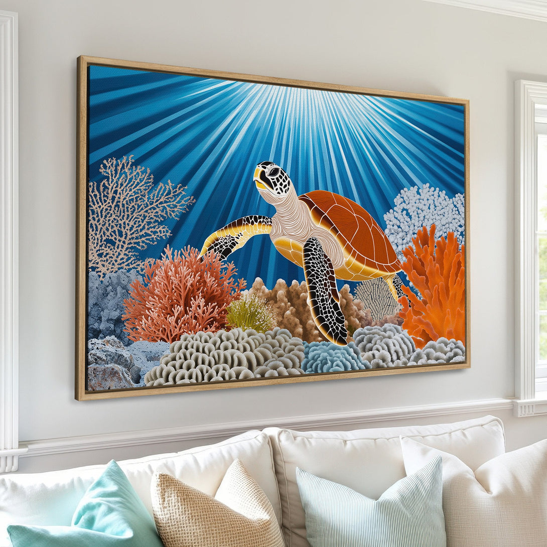 Framed Wall Art featuring a vibrant sea turtle in an underwater scene. Coastal style with a blue, orange, and beige color palette. Perfect for adding a touch of the ocean.