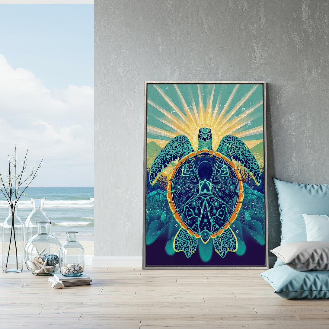 Framed Wall Art: Stunning sea turtle art print in teal and gold, adding coastal vibes to any space. Perfect for beach house decor!