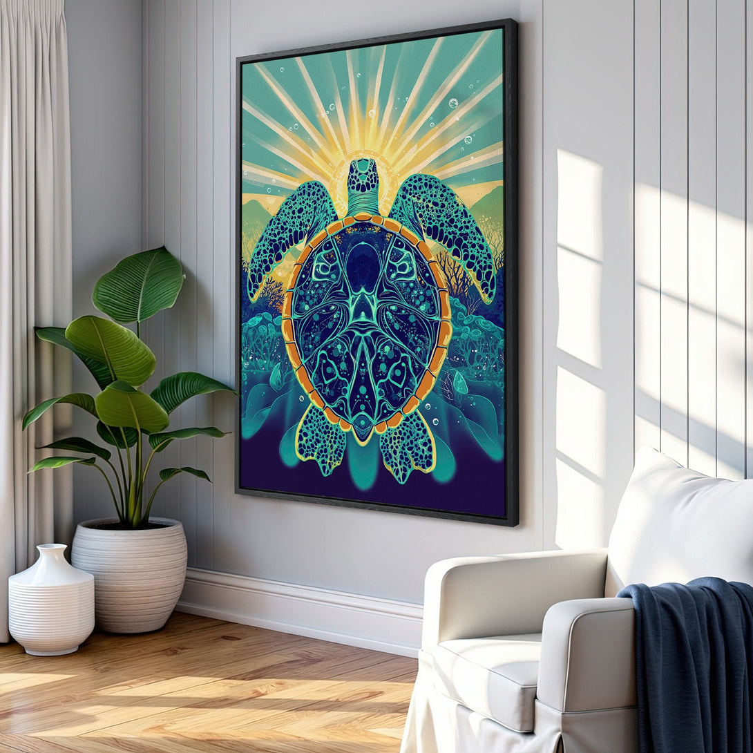 Framed Wall Art featuring a vibrant turtle design in teal and gold. Perfect coastal decor for any space. Shop our Canvas Print collection today!