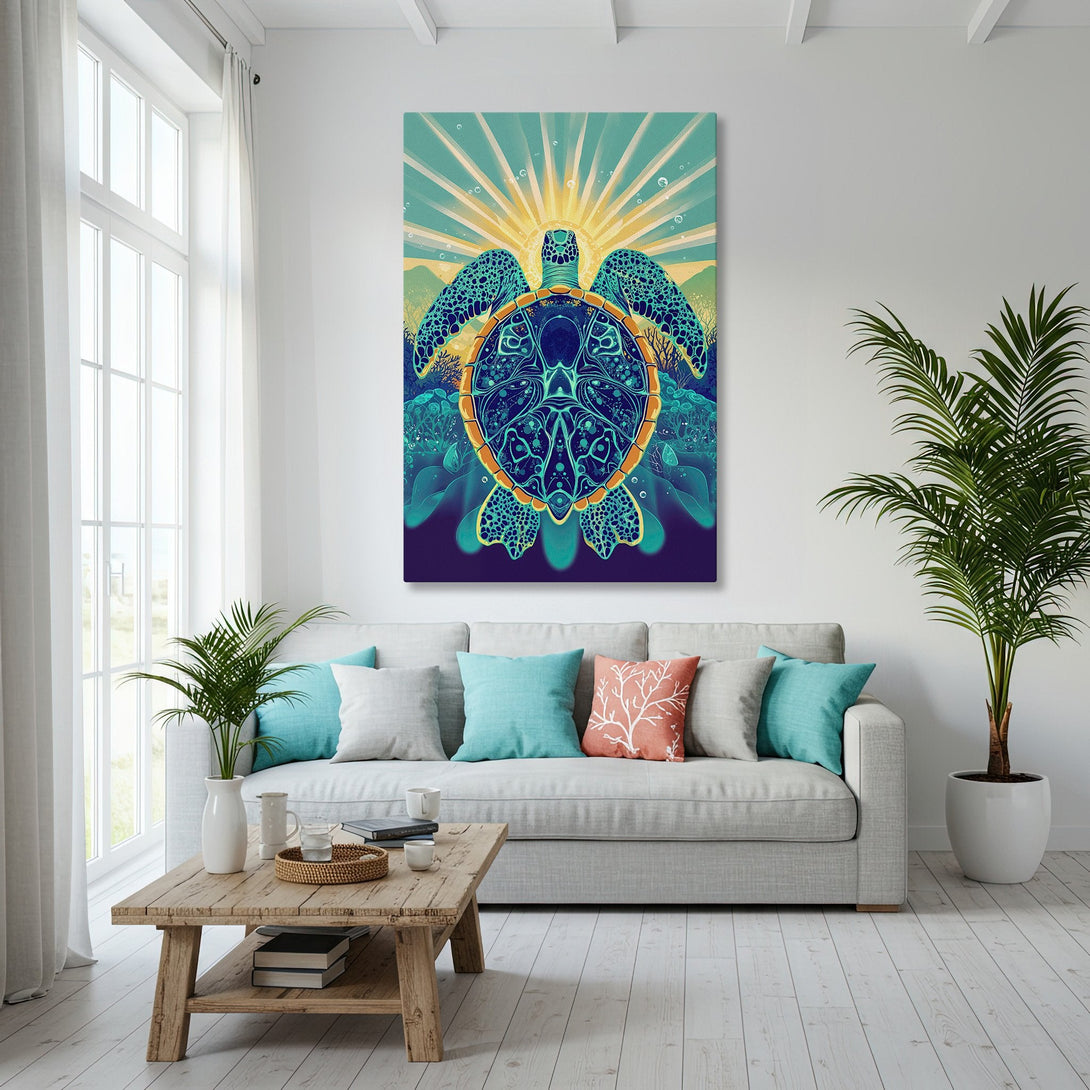 Framed Wall Art of a sea turtle in a vibrant teal and gold palette, perfect for coastal decor. Bring the ocean home with this stunning canvas print!