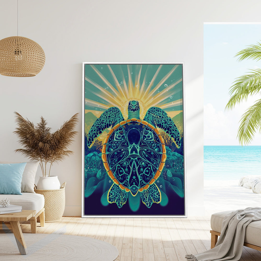 Framed Wall Art featuring a vibrant sea turtle illustration in teal and gold tones. Perfect coastal decor to bring a touch of the ocean to your home.