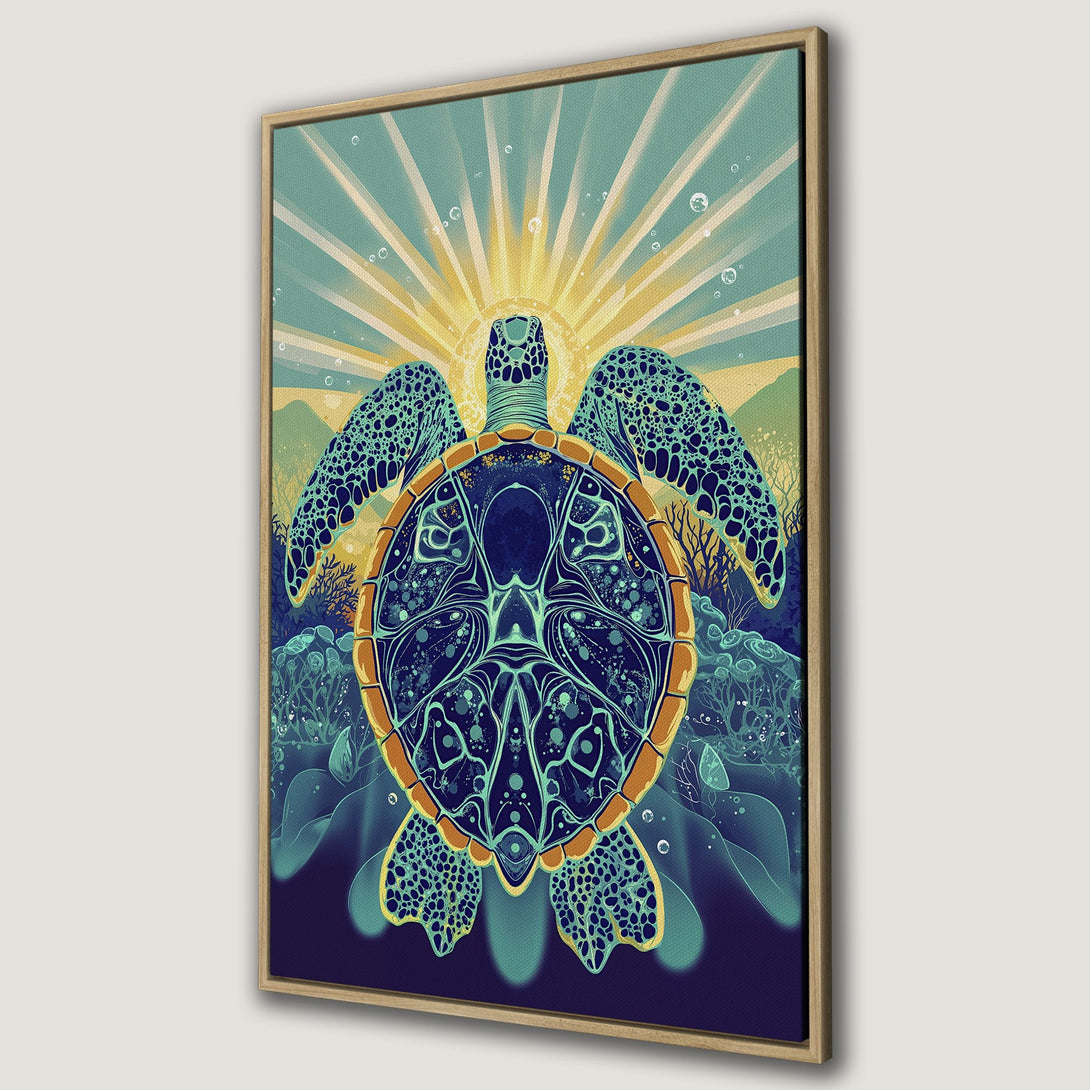 Framed Wall Art: Artistic sea turtle illustration in blue, teal, and gold. Perfect coastal decor! Add a touch of the ocean to your home with this Canvas Print.