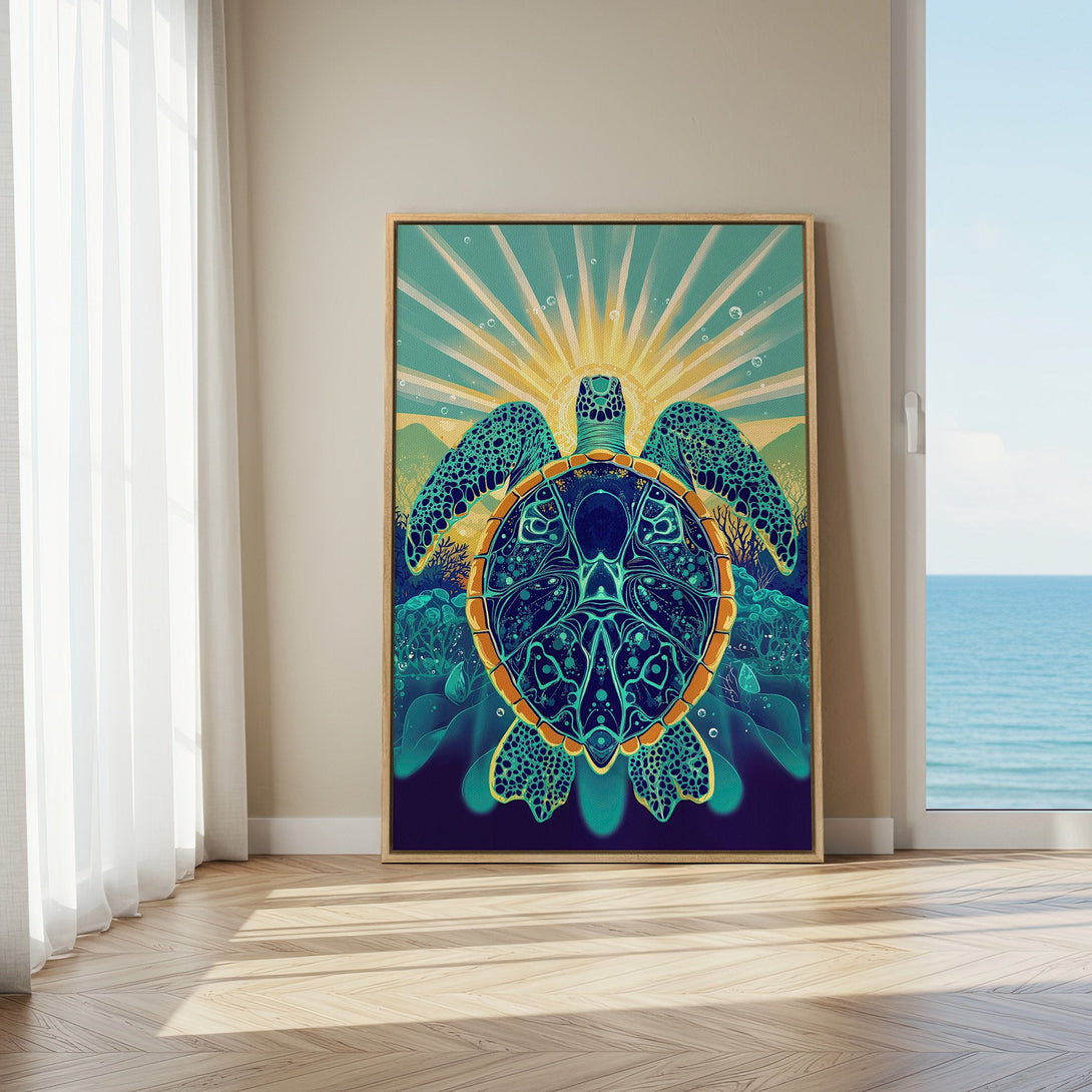 Framed Wall Art: Vibrant turtle art print in teal, blue, and gold. Coastal decor featuring a unique, artistic style, perfect for any home.