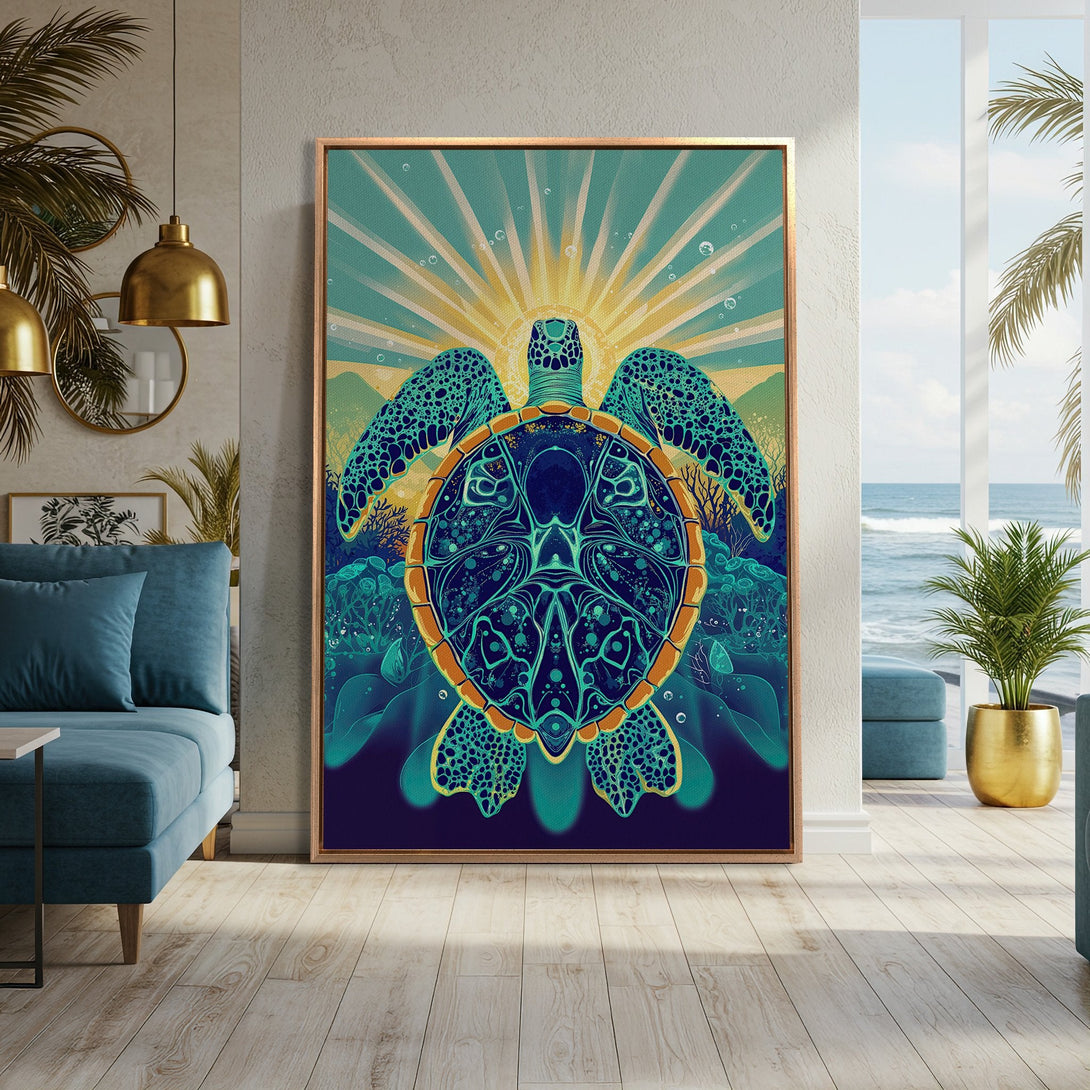 Framed Wall Art: Stunning sea turtle art print in a modern, vibrant style. Featuring a teal, blue, and gold color palette, perfect for coastal decor.