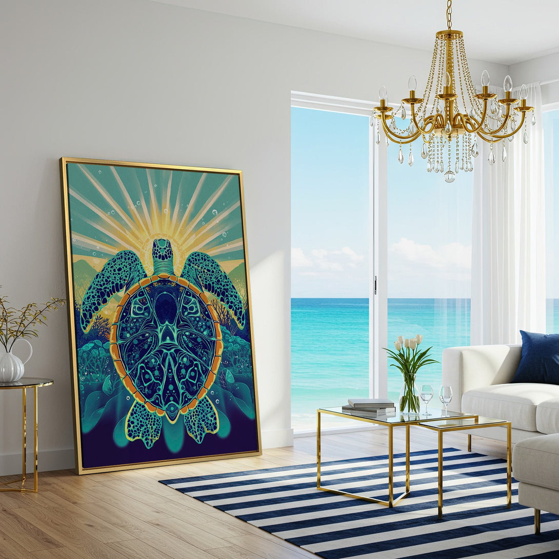 Canvas Print of a vibrant turtle in a coastal style, featuring blues, greens, and yellow in a modern interior. Perfect wall art!