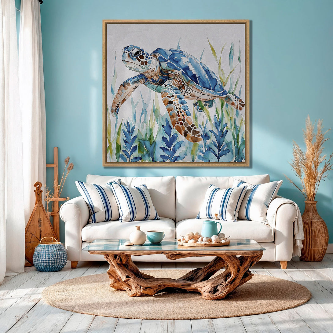 Framed Wall Art: Watercolor sea turtle in blue and brown tones. Coastal decor for a serene living room. Shop now for beach-inspired art!