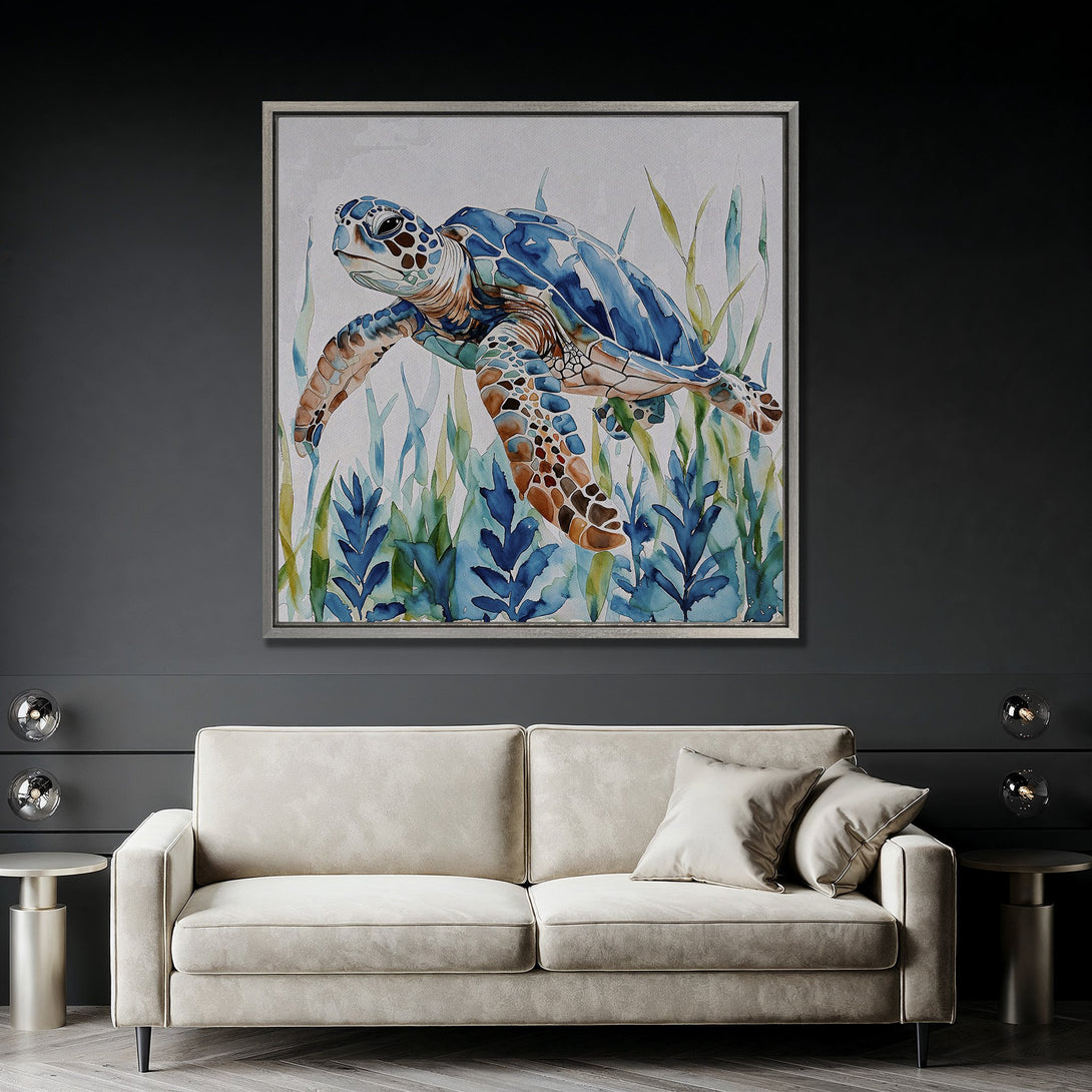 Framed Wall Art: Watercolor sea turtle print in blue and brown tones. Coastal art for a serene living room.