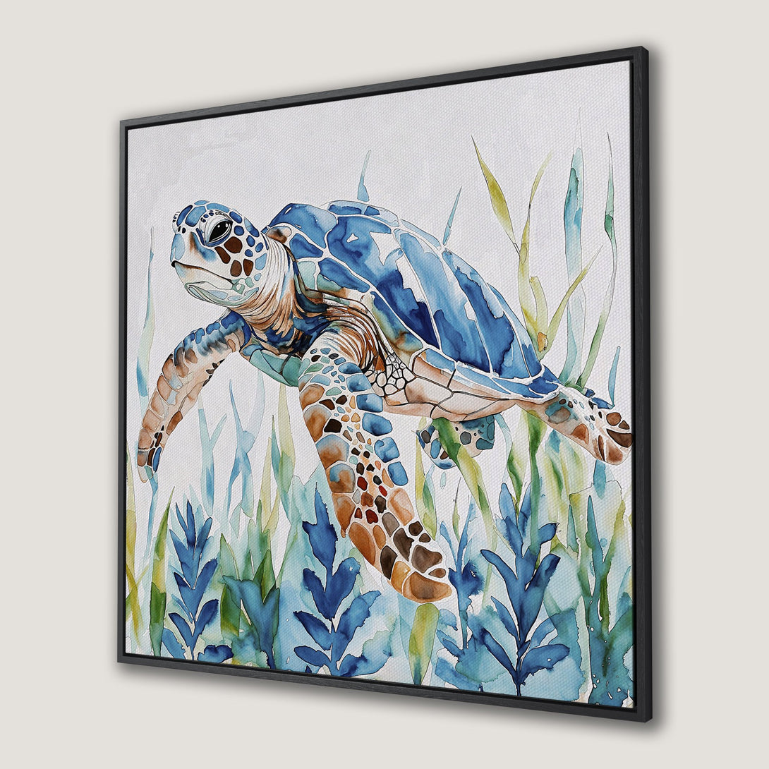 Framed Wall Art: Watercolor sea turtle in blue, brown, and green. Coastal art for your home.
