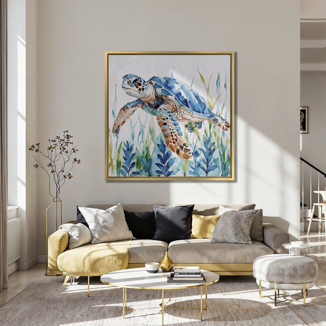 Canvas Print of a watercolor sea turtle in blue and brown hues, displayed in a stylish living room with red chairs.