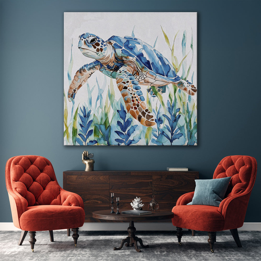 Framed Wall Art: Watercolor turtle print in blue, green, and brown tones. Coastal style canvas print adds a serene touch to any living room.