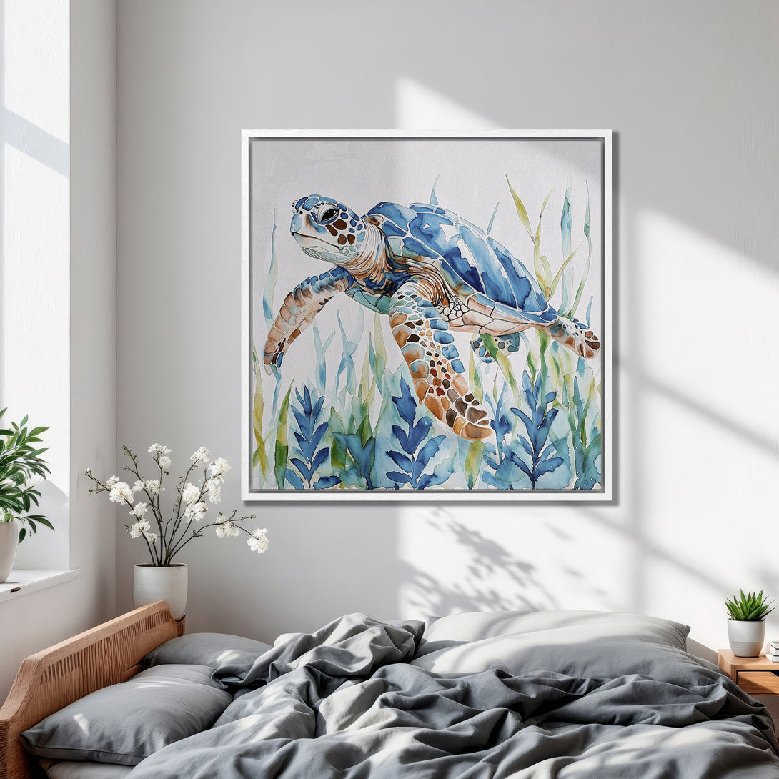 Framed Wall Art of a watercolor sea turtle in blue and brown tones, perfect for coastal decor. Adds a calming vibe to any room.