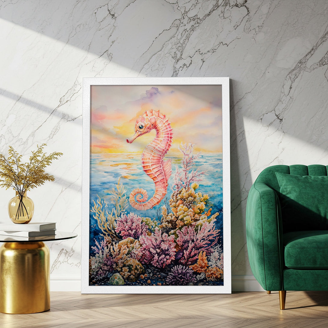 Framed Poster featuring a watercolor seahorse. Pastel color palette with coral reef details. Perfect wall art for your home!
