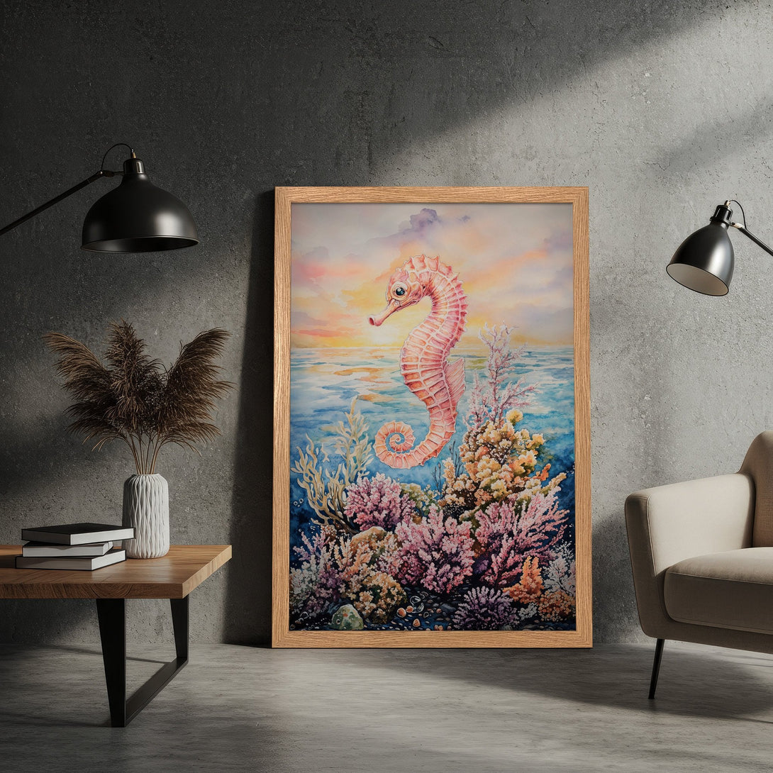 Framed Poster featuring a watercolor seahorse in coral reef scene, with a pastel color palette. Perfect wall art!