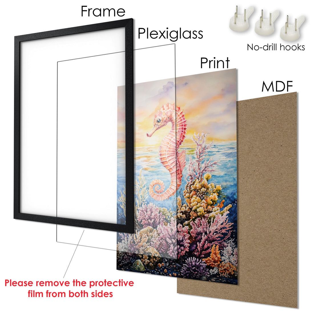 Framed Poster featuring a watercolor seahorse in a vibrant coral reef scene. Coastal art with a warm, colorful palette.