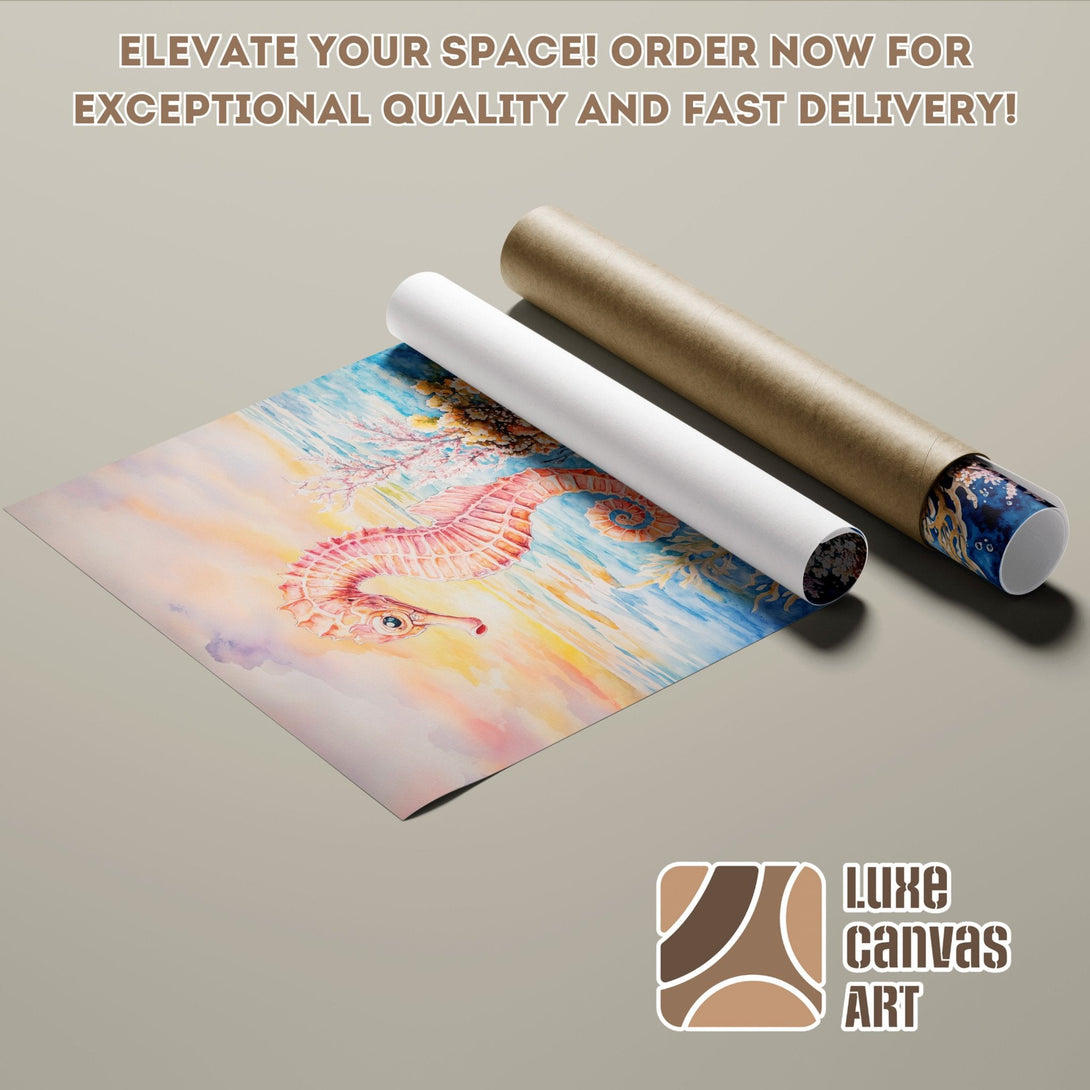 Watercolor seahorse Poster Roll, vibrant colors, perfect for coastal decor. Order now!